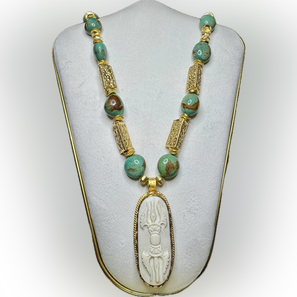 Statement Piece: Gold, Bone and Kingman Turquoise Necklace